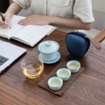 Portable Japanese style ceramic travel tea set 5oz with travel bag full set display