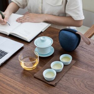 Portable Japanese style ceramic travel tea set 5oz with travel bag full set display