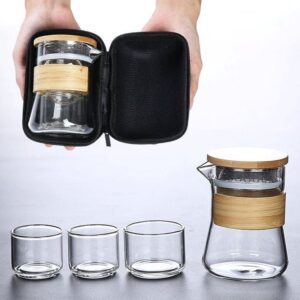 full set of portable japanese glass travel tea set with wooden accents and black storage bag