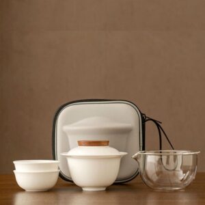 full set view of portable 4oz gaiwan japanese travel gongfu tea set with carrying bag