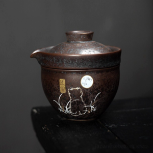 Portable 3.9oz Japanese travel tea set with cat moon design in carrying bag