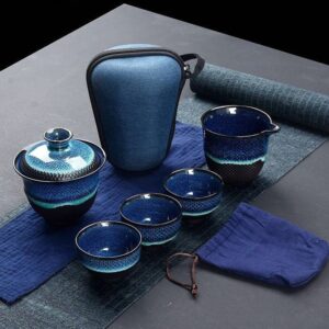 6.7oz portable japanese gaiwan travel tea set full set in denim carrying case