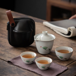 full set view of portable 5.4oz handpainted japanese travel tea set with carry bag