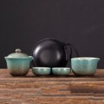 green portable japanese travel kung fu tea set with textured crackle glaze