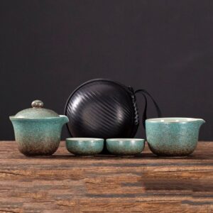 green portable japanese travel kung fu tea set with textured crackle glaze