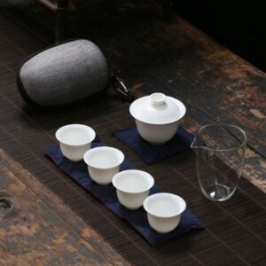 full complete portable japanese white ceramic travel gongfu tea set with carrying bag