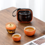 portable persimmon shape japanese travel tea set full view with carry bag