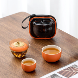 portable persimmon shape japanese travel tea set full view with carry bag