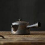 full product view of rustic dark ceramic 4oz Japanese Kyusu Teapot
