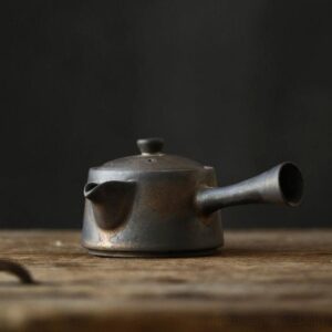 full product view of rustic dark ceramic 4oz Japanese Kyusu Teapot