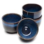 Set of 4 blue Japanese Jian Zhan tea cups 5oz on wooden background