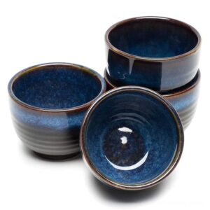 Set of 4 blue Japanese Jian Zhan tea cups 5oz on wooden background
