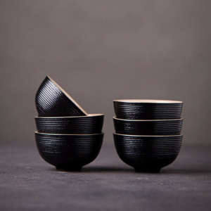 set of 6 japanese black ceramic tea cups full set view