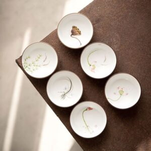 set of 6 hand-painted japanese ceramic tea cups full set display