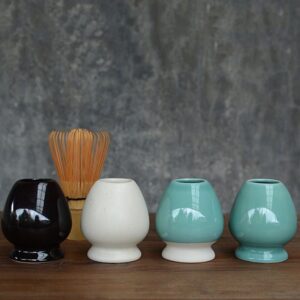 side view of blue ceramic japanese matcha chasen holder naoshi
