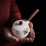 Side view white ceramic kyusu teapot with wooden side handle 6oz