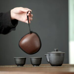 full set silver black japanese portable travel tea set with two cups and travel case