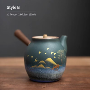 Starry Sky Japanese Kyusu Teapot with hand-decorated golden natural motifs, blue-green gradient ceramic body and wood side handle 5oz