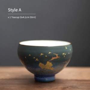 Style A hand painted gold deer japanese tea bowl deep teal ceramic