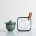 Style A Japanese portable travel tea set celadon glass 4oz on wood background