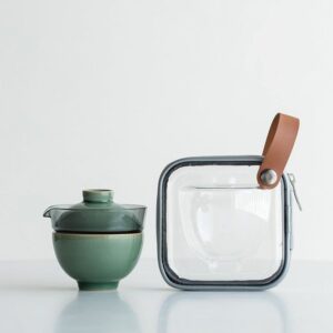 Style A Japanese portable travel tea set celadon glass 4oz on wood background