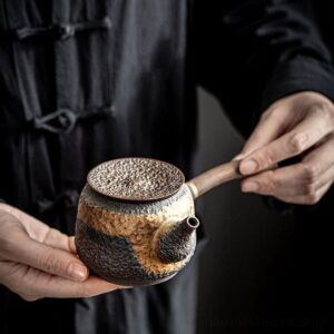 Textured rock black gold porcelain Kyusu Teapot side view