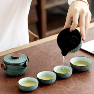 full complete set of vintage green japanese portable travel ceramic tea set with carrying case