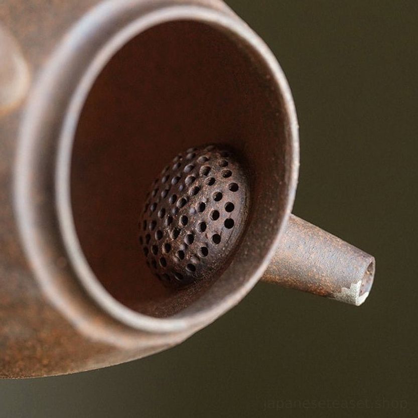 top view of built-in filter inside vintage japanese aged clay teapot 5.4oz