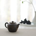 full side view of vintage japanese antique clay teapot 3.7oz dark brown
