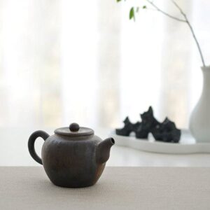 full side view of vintage japanese antique clay teapot 3.7oz dark brown