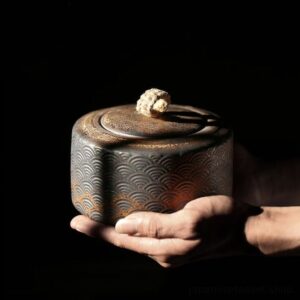 vintage japanese bronze ceramic wave pattern tea canister