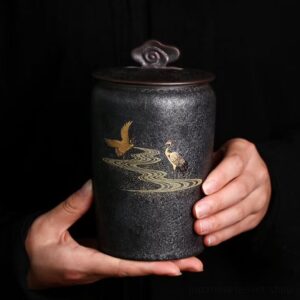 vintage japanese black ceramic crane tea canister full view