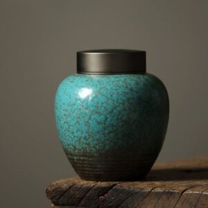 vintage japanese green ceramic tea canister crackle glaze main view