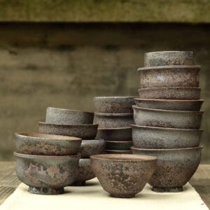 full collection view of vintage japanese clay tea cups multiple sizes 1.7 to 3.7oz
