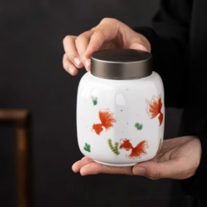 vintage japanese matcha tea canister hand painted goldfish ceramic tea storage