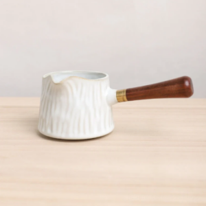 8oz white ceramic fairness cup Gong Dao Bei with dark brown wooden handle main view